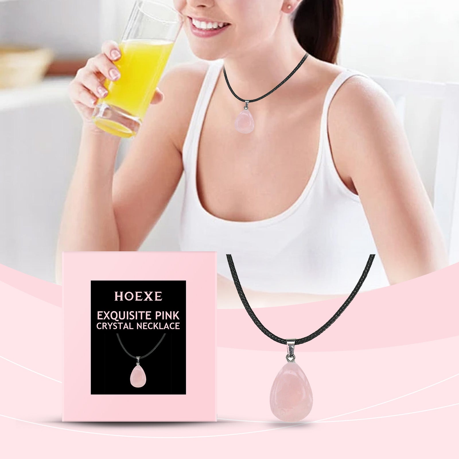 Hoexe Exquisite Powder Crystal Necklace Light Luxury Niche Ins Simple Style Everyday Clavicle Chain Gentle Temperament