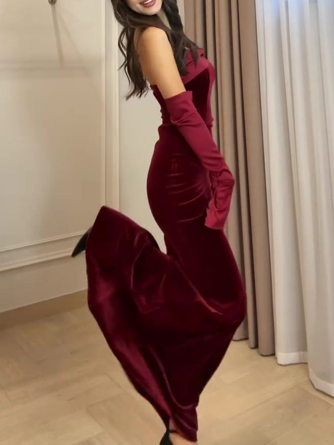 Burgundy Velvet Strapless Maxi Dress