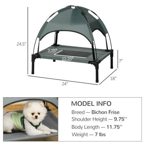 PawHut Elevated Portable Dog Cot Pet Bed With UV Protection Canopy Shade, 24 Inch, Gray