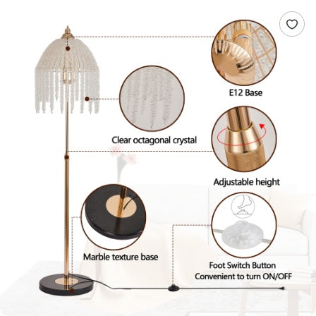 3-Light Elegant Crystal Floor Lamp Vintage Waterfall Design With Cascading Crystal Beads And Marble Texture Base For Living Room, Bedroom, Or Office Decor  Bulb Not Included