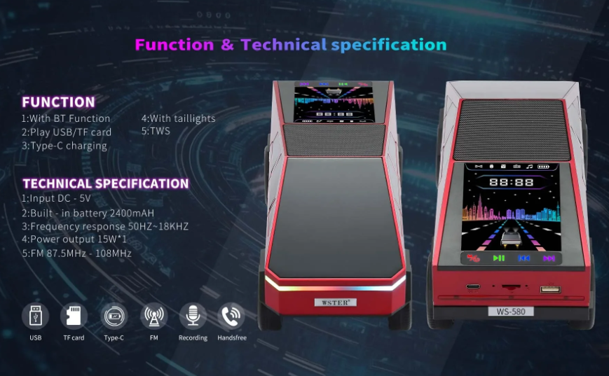 WS-580 New Cybertruck Car Shaped Wireless Bluetooth Speakers with TF USB FM TWS Selfie LED Colorful Light Type C Charging